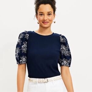 LOFT Navy Puff Sleeve Embroidered Top Medium Cottagecore Boho